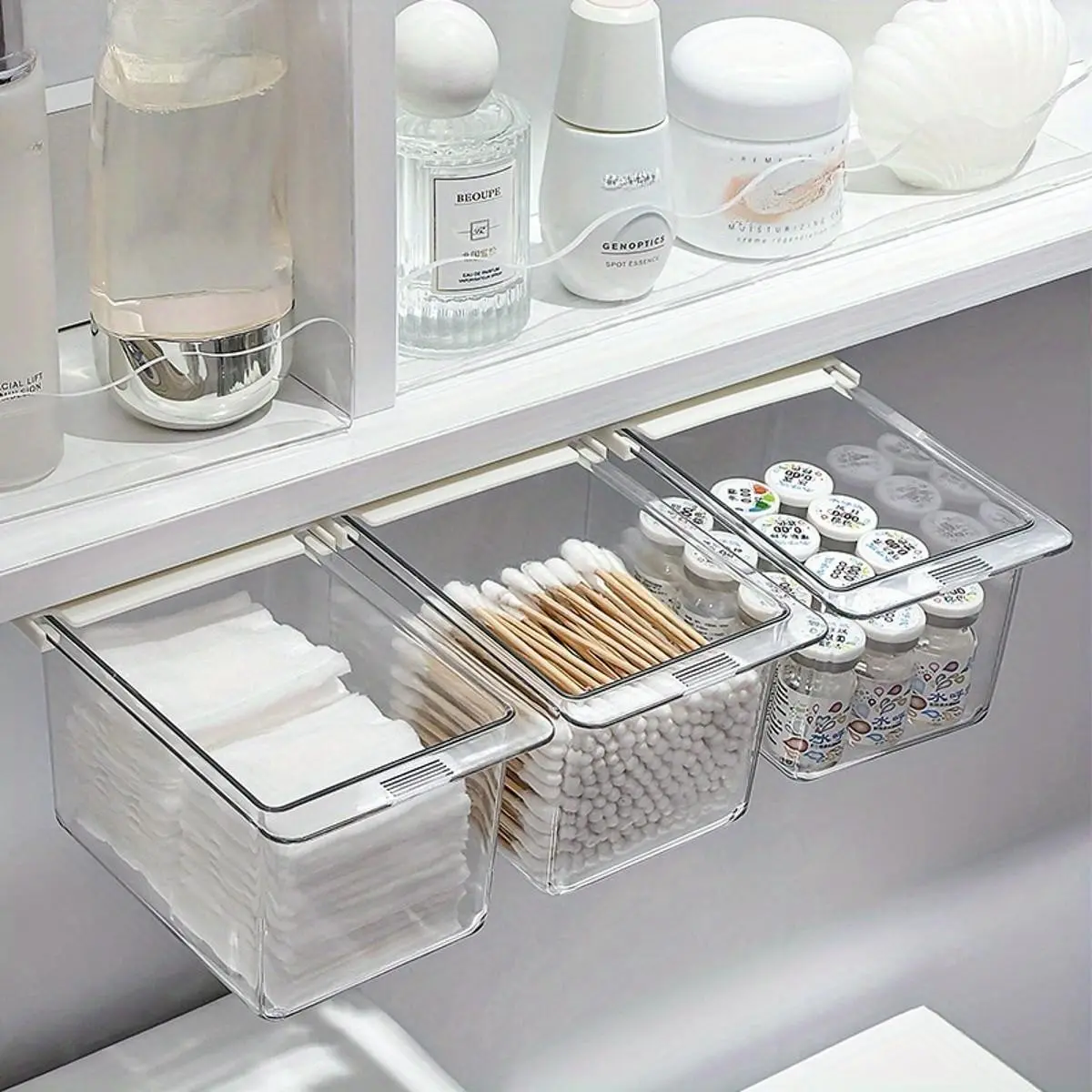 2/3pcs Under Desk Storage Drawer Set, hanging pull-out organizers with minimalist design for daily essentials, space-saving storage solution for bathroom vanities, dressing tables and desktop organization