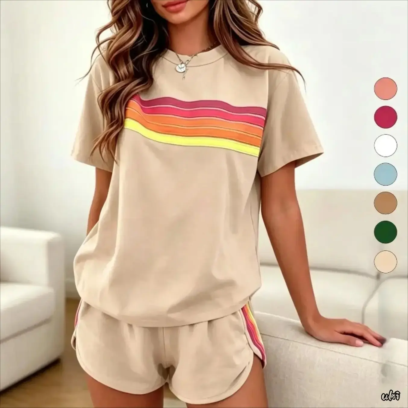 Women's 2-Piece Bright Rainbow Striped Tracksuit - Soft Elastic Breathable Fabric, Comfortable Fit, Versatile Loose Slim Sporty Activewear, Summer Street Daily Wear, Casual Outdoor Activities Outfit, Street Wear, 2 Piece Outfit, Loose Fitting Shorts, Indo