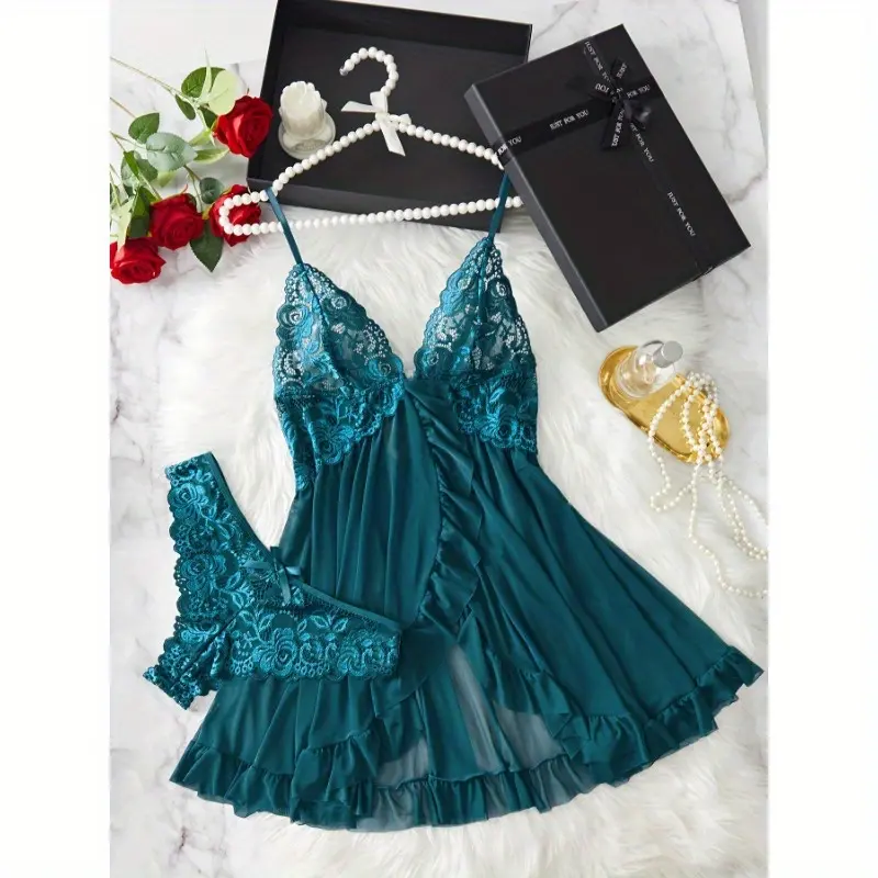 Sexy Lace Eyelash Set - Deep V-Neck Camisole And Panties, Semi-Transparent Mid-Waist Panties, with Contrasting Lace for Lotus Edge Hand Wash Only, Very Suitable for Ladies' Lingerie And Underwear.