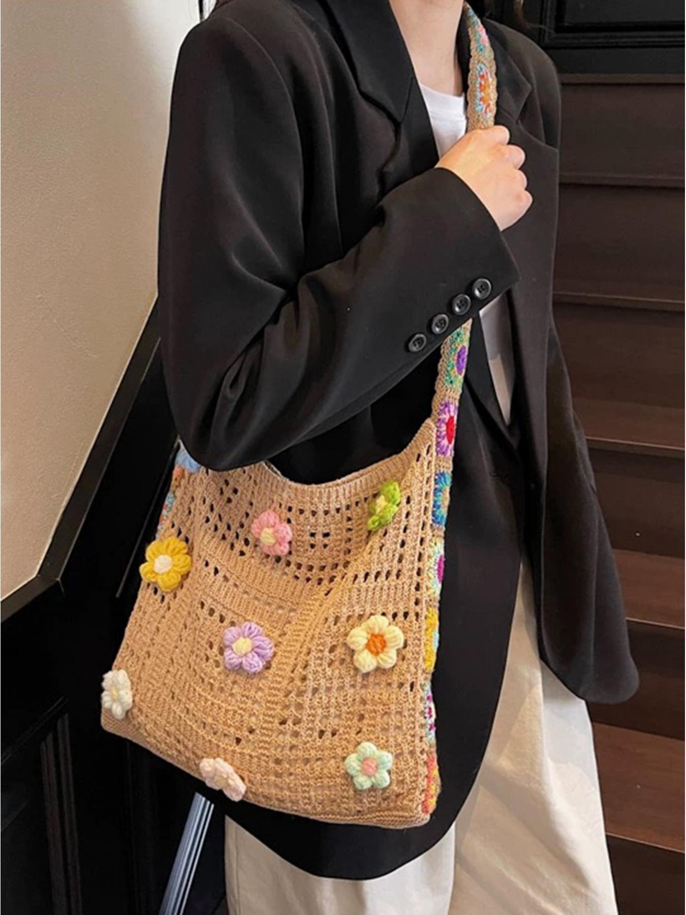 2026 Fashion Boho Crossbody Bag, Vintage Lace Floral Shoulder Bag, Random Flower Pattern, Casual Crochet Material, Trendy Accessory