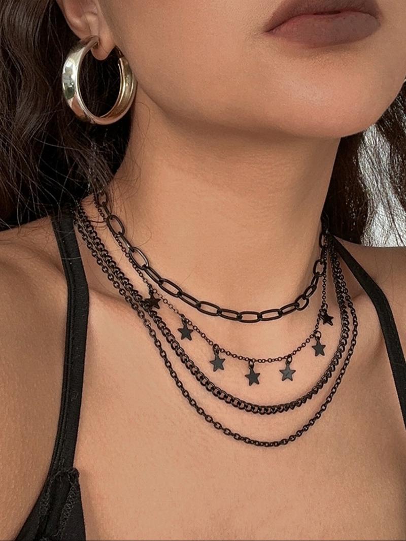 Women's Punk Style Heart Design Pendant Necklace & OT Buckle Chain Necklaces, 4 Counts Fashion Charm & Chain Necklaces, Gothic Mystery Jewelry, Trendy Goth Jewelry for Birthday Gift