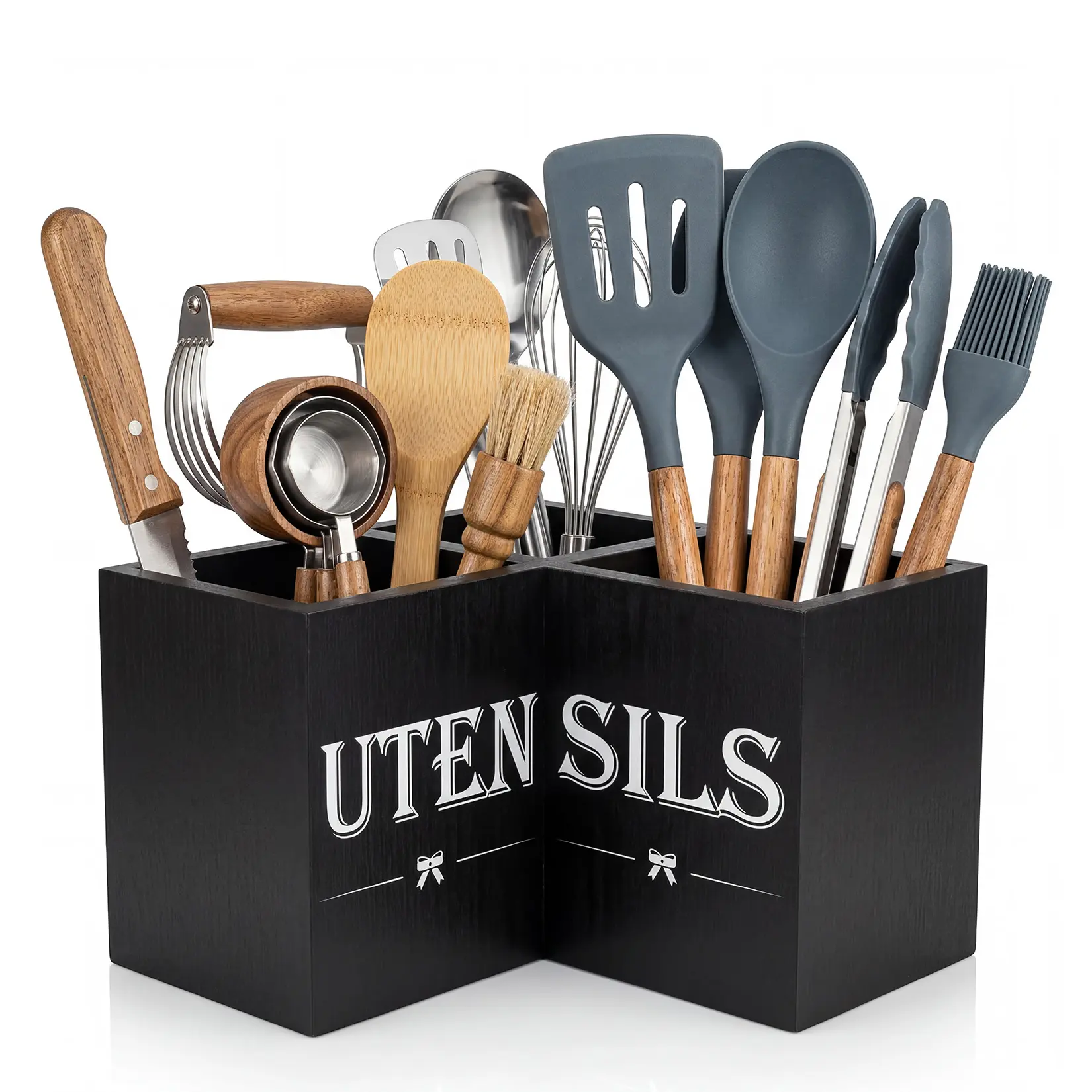 Space Saving 90 Degree Corner Utensil Holder 3 Compartment Matte Black Wooden Kitchen Countertop Organizer Caddy for Spoons Spatulas Knives