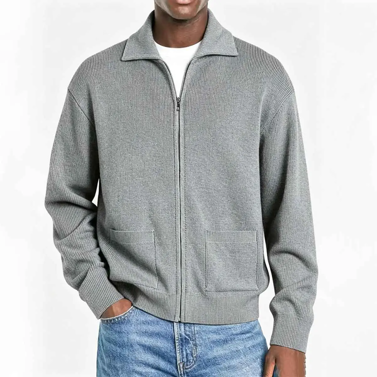 Men's gray ribbed lapel zipper knit jacket, full zipper long sleeved knit cardigan with double-sided patch pockets, soft vertical stripe casual knit jacket, simple casual sweater jacket suitable for daily commuting, street style matching, outdoor walking,