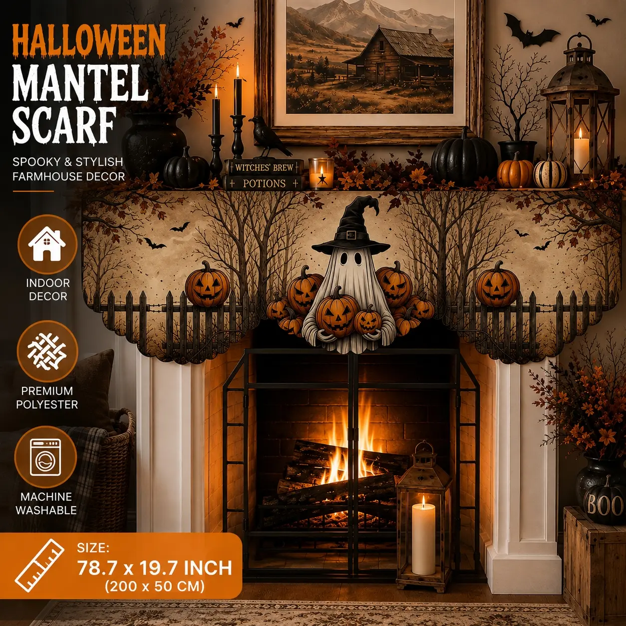 Halloween Fireplace Mantel Scarf, Witch & Pumpkin Decor, Spooky Farmhouse Runner for Indoor Home, TV Stand, Cabinet & Table