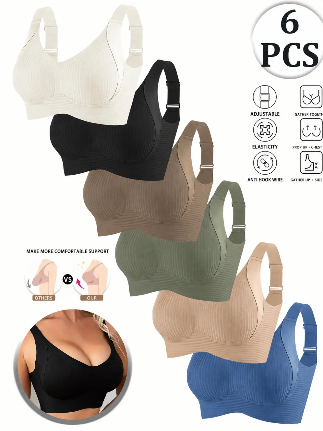 Women's 6 Pack Seamless Wireless Bra Set, Full Coverage Support, Adjustable Shoulder Straps, Ribbed Stretch Fabric, Soft Lightweight Comfort Bralette Collection for Everyday Wear and Home Activities