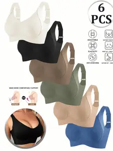 Women's 6 Pack Seamless Wireless Bra Set, Full Coverage Support, Adjustable Shoulder Straps, Ribbed Stretch Fabric, Soft Lightweight Comfort Bralette Collection for Everyday Wear and Home Activities