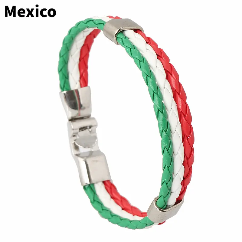 Hand-Braided Faux Leather Bracelet - Spain Country Flag Color Design with Metal Clasp - Sports Fan Wristband for Sports Events, National Pride Occasions & Casual Daily Wear, Standard Size