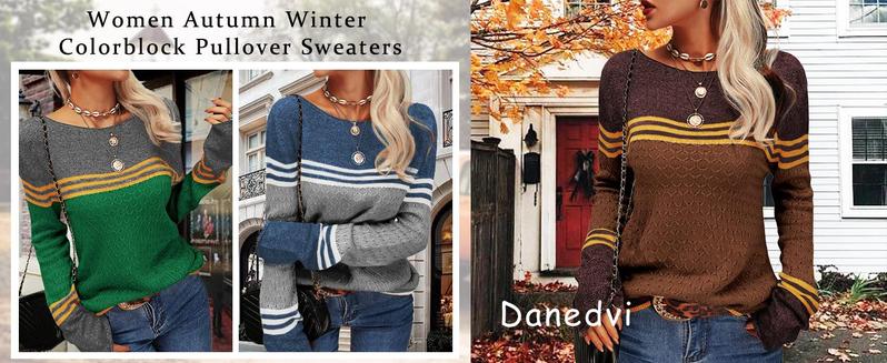 PASLTER Women Autumn Winter Colorblock Pullover Sweaters Round Neck Striped Slim Fitting Knitwear Tops Crewneck Womenswear