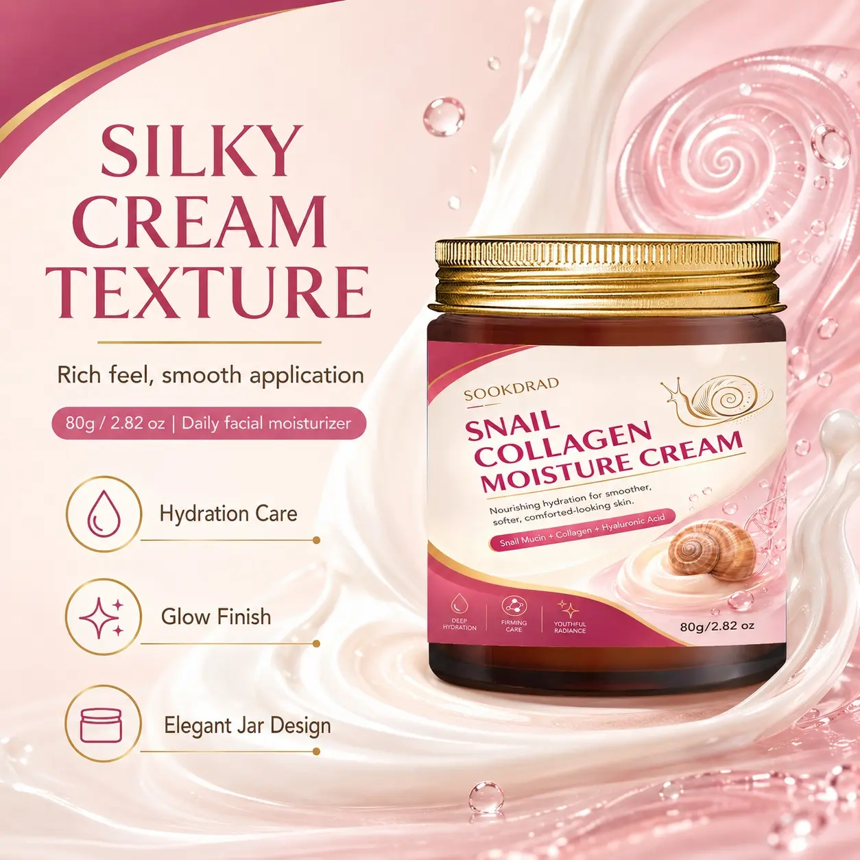 Snail Collagen Moisture Cream, Snail Mucin, Collagen, Hyaluronic Acid, Deep Hydration, Firming Care, Youthful Radiance, Nourishing Smoother Soft Skin, 80g/2.82 oz