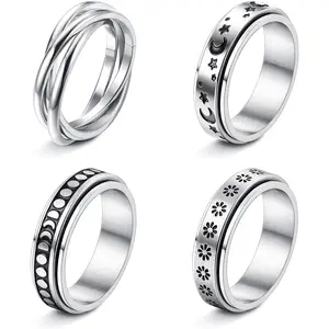 Stainless Steel Fidget Anxiety Ring for Women Men Fidget Spinner Rings Moon Star Celtic Stress Relieving Spinning Ring Wedding Band Rings Set,4-6Pcsfidget toys