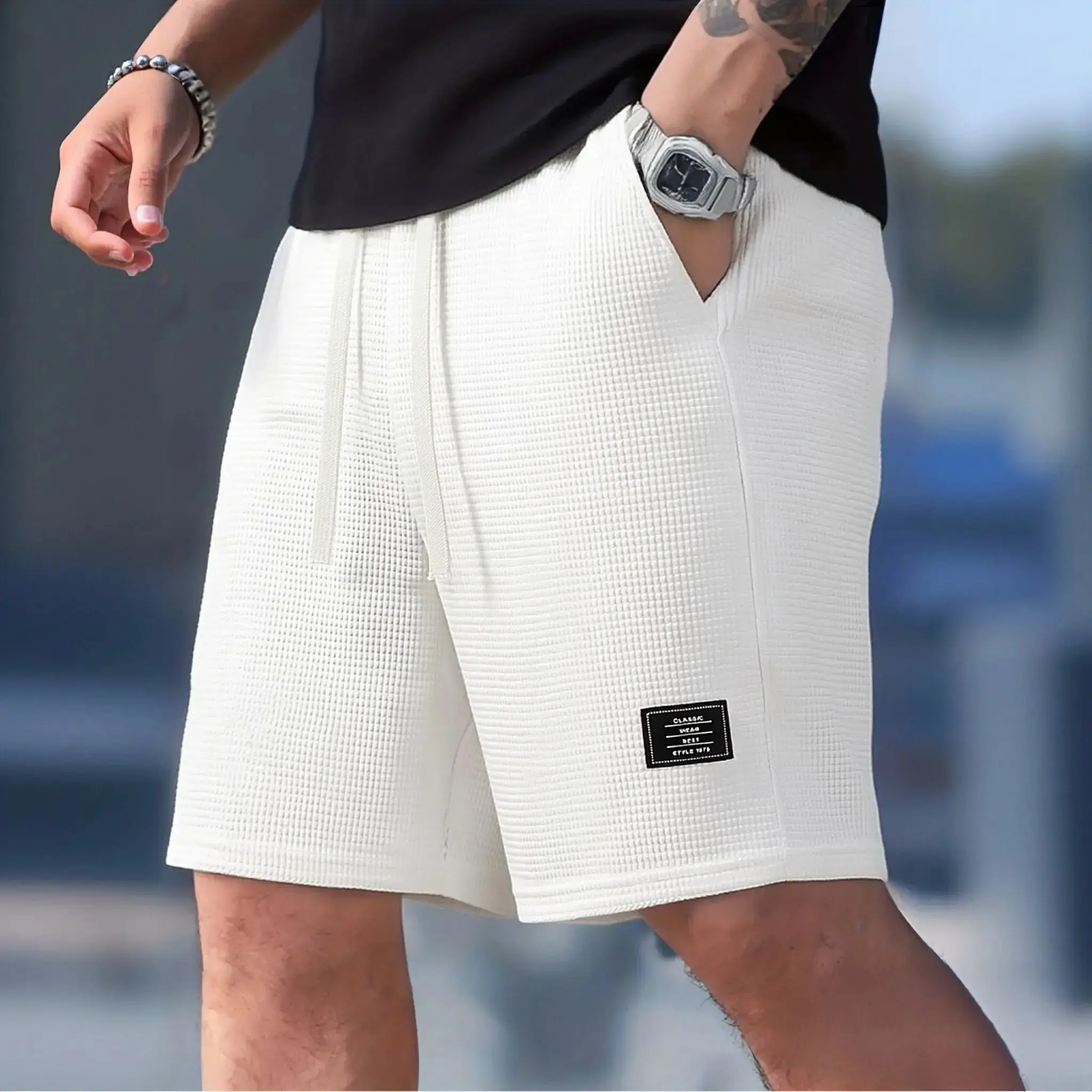 Men's Lightweight Breathable Polyester Casual Shorts - Mid Waist with Elastic Drawstring Waistband, Regular Fit, Plain Durable Fabric, Pockets, Ideal for Casual Athleisure Use, Breathable Men's Shorts, Lightweight Men's Shorts