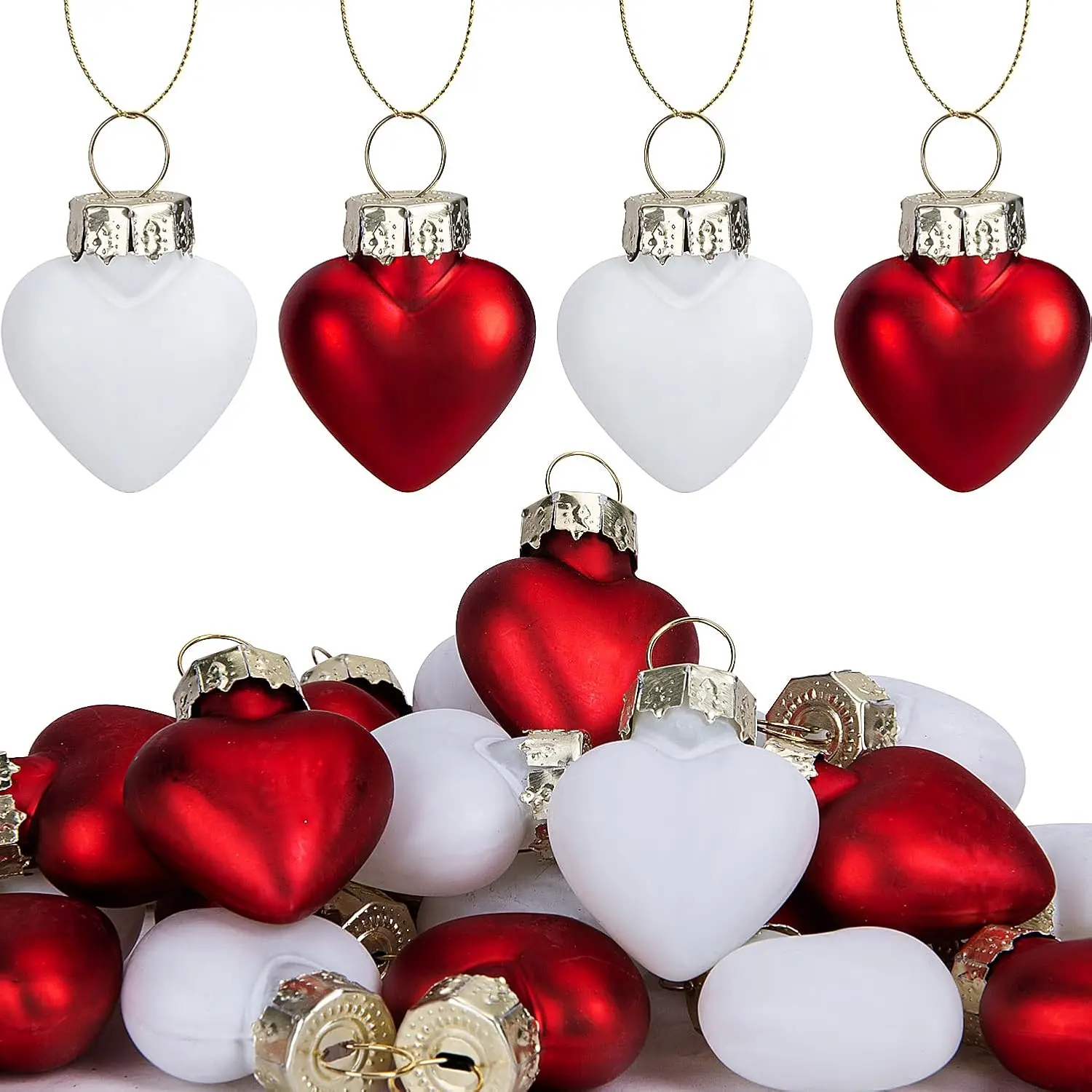 24 count Valentine's Day Heart Shaped Ornaments - 1 Inch Mini Glass  Christmas Baubles - Red White Tree Decorations for Valentine's Day, Wedding, Christmas