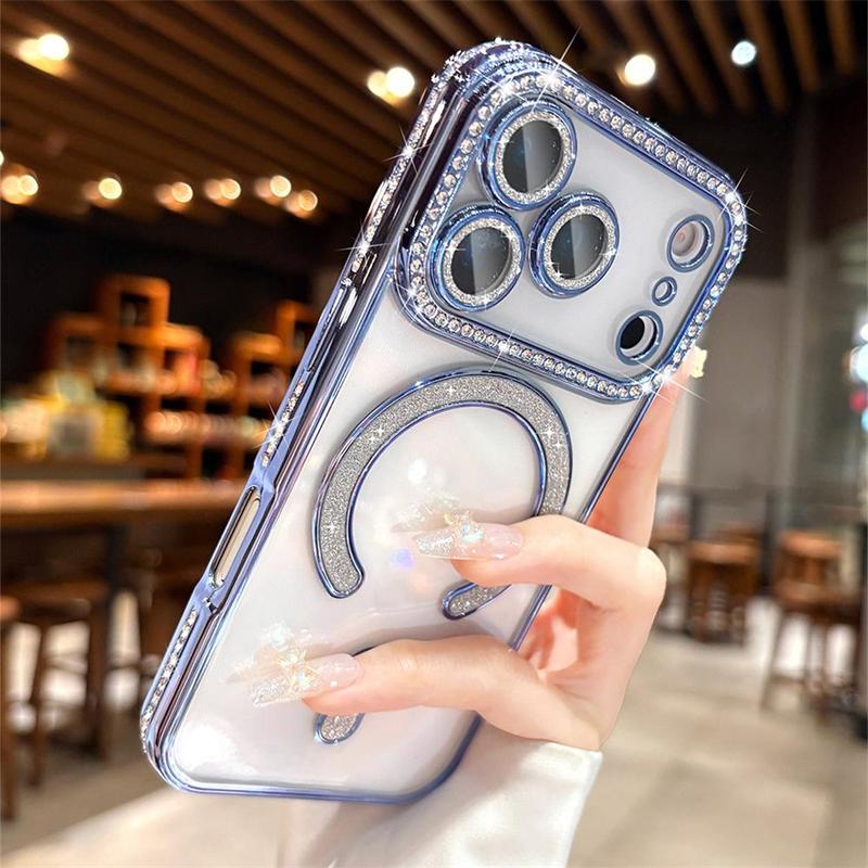 OREKROY【Free.ship】Clear Glitter Diamond Magnetic Case for iPhone 17 Pro Max 17Air 17Pro 17 16 15 14 13– MagSafe Compatible, with Camera Lens Protector, Cute Luxury Plating Sparkly Rhinestone Slim TPU Bumper Phone Case for Women & Girls