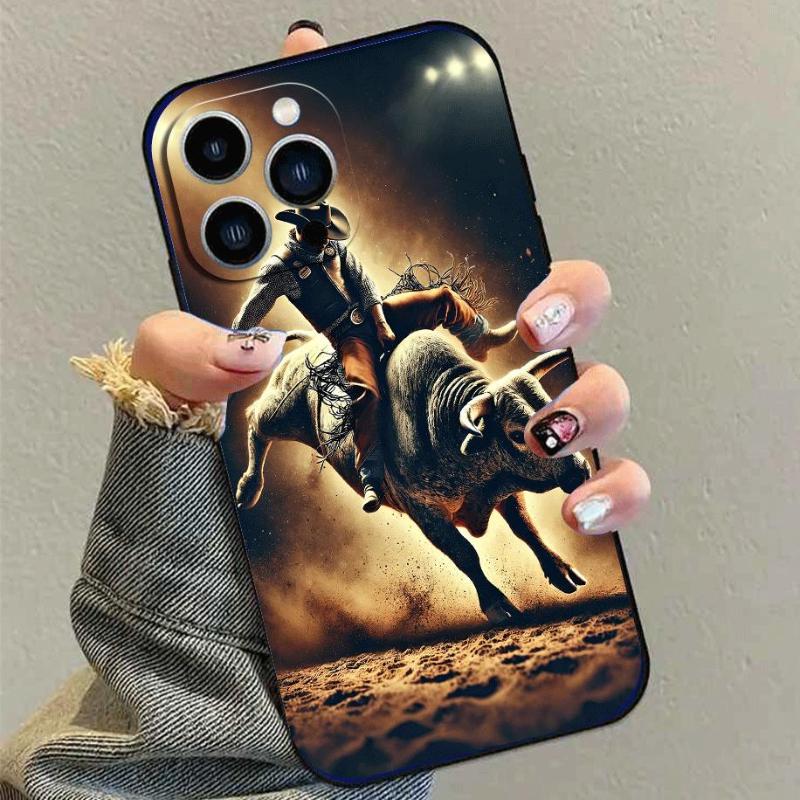 Straight Edge Phone Case for iPhone 17 Pro Max 16 Plus 15 14 13 12 11 Air E Cowboy Pattern Drop Protection Shockproof Soft Silicone smartphone Cover