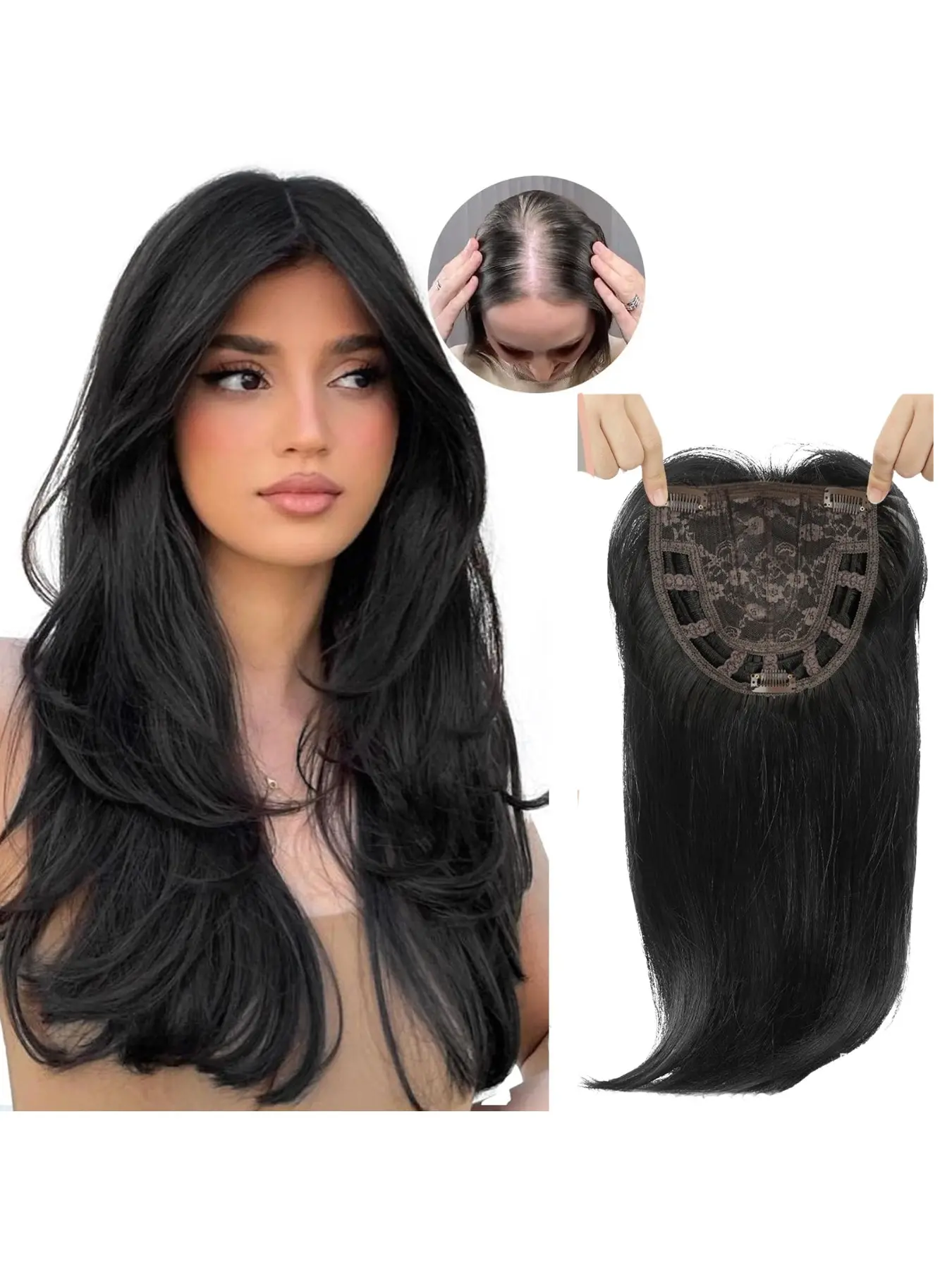Front Hairpiece Clip-On, Synthetic Hairpieces, 360° Full Coverage, Natural Straight Hair, 18 Inches, Ideal for Thin Hair Women, Daily Wear