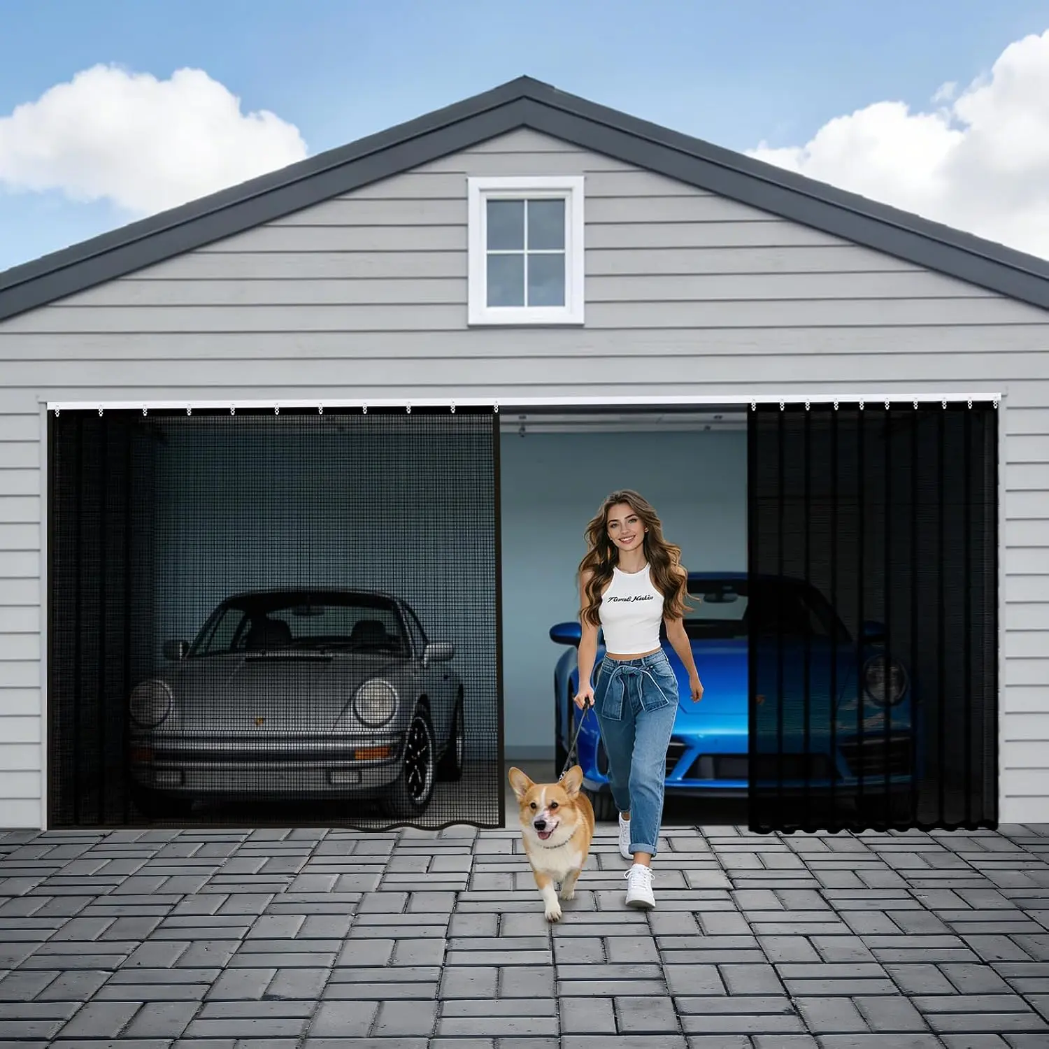 Sliding Garage Door Screen 2  with Track Closure 16x7Ft | Garage Door Retractable  Curtain Keep Annoying  Out Easy Install Heavy Duty Fiberglass Mesh Net B1