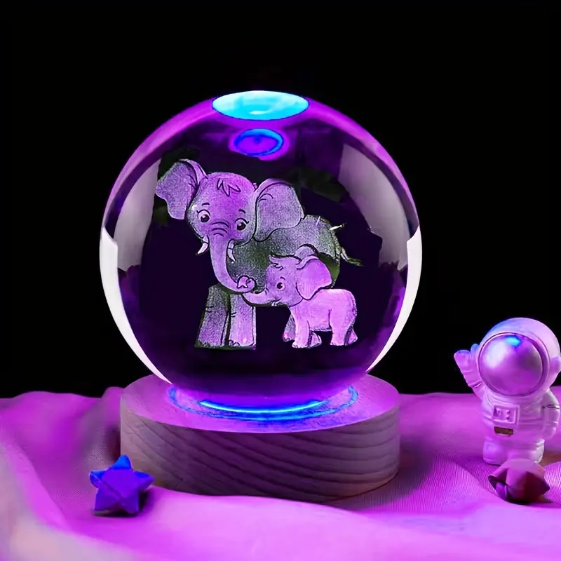1pc USB-Powered 2.36in 3D Laser-Engraved Elephant Crystal Ball with LED Base - Multicolor Warm Glow Collectible Home Decor Statue - Bedside/Desk Retro Table Lamp, Ideal Mother’s Day Gift for Elephant Lovers, Collectibles