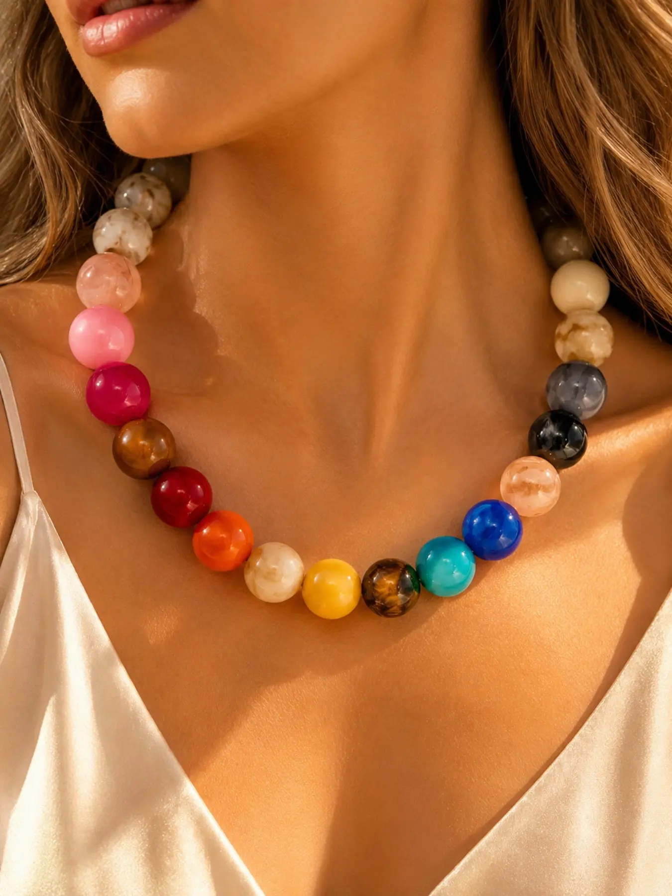 1PC Rainbow Chunky Beaded Necklace for Women Girls, Multicolor Marbled Round Bubble Bead Statement Choker with Adjustable Lobster Clasp, Dopamine Y2K Jewelry for Back to School Outfits, Campus Style and Teen Girl Gift
