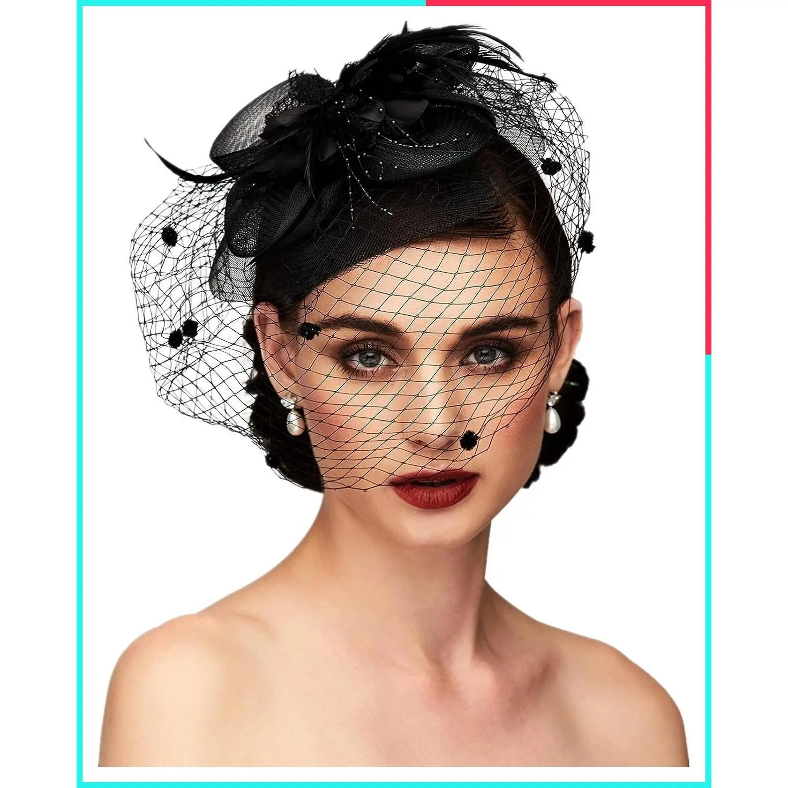 Elegant Women's Vintage Lace Mesh Floral Feather Fascinator Hat with Veil Hair Clip Headband for Church Wedding Tea Party
