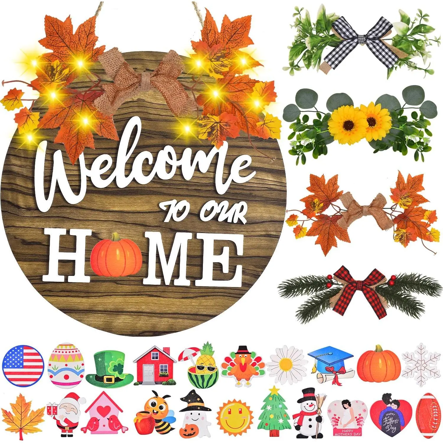 Interchangeable Welcome Home Sign, Front Door Decor With 4 Seasonal Wreaths and 21 Changeable Icons, Rustic Wood Wall Porch Hanger for Holiday Halloween Christmas Housewarming Gift (Brown)