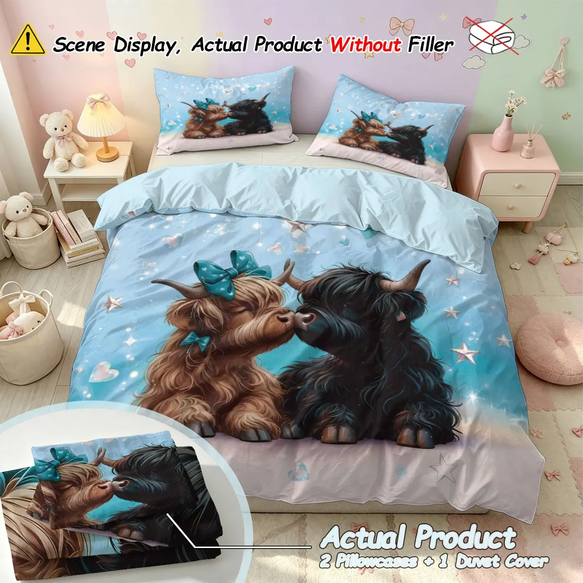 3-piece set (1 quilt cover + 2 pillowcases, coreless) with cute Highland element design printed quilt cover set, soft and comfortable bedding set, suitable for all room decoration, suitable as a gift