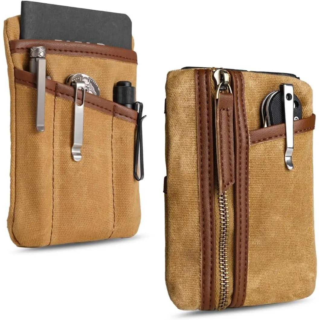 SP6 EDC Pouch, Waxed Canvas Compact Pocket Organizer, EDC Pocket Pouch for Men, Zippered Pocket Pouch, Mini EDC Organizer for Everyday Carry, Multitool Organizer Pouch (Oil Wax Brown)