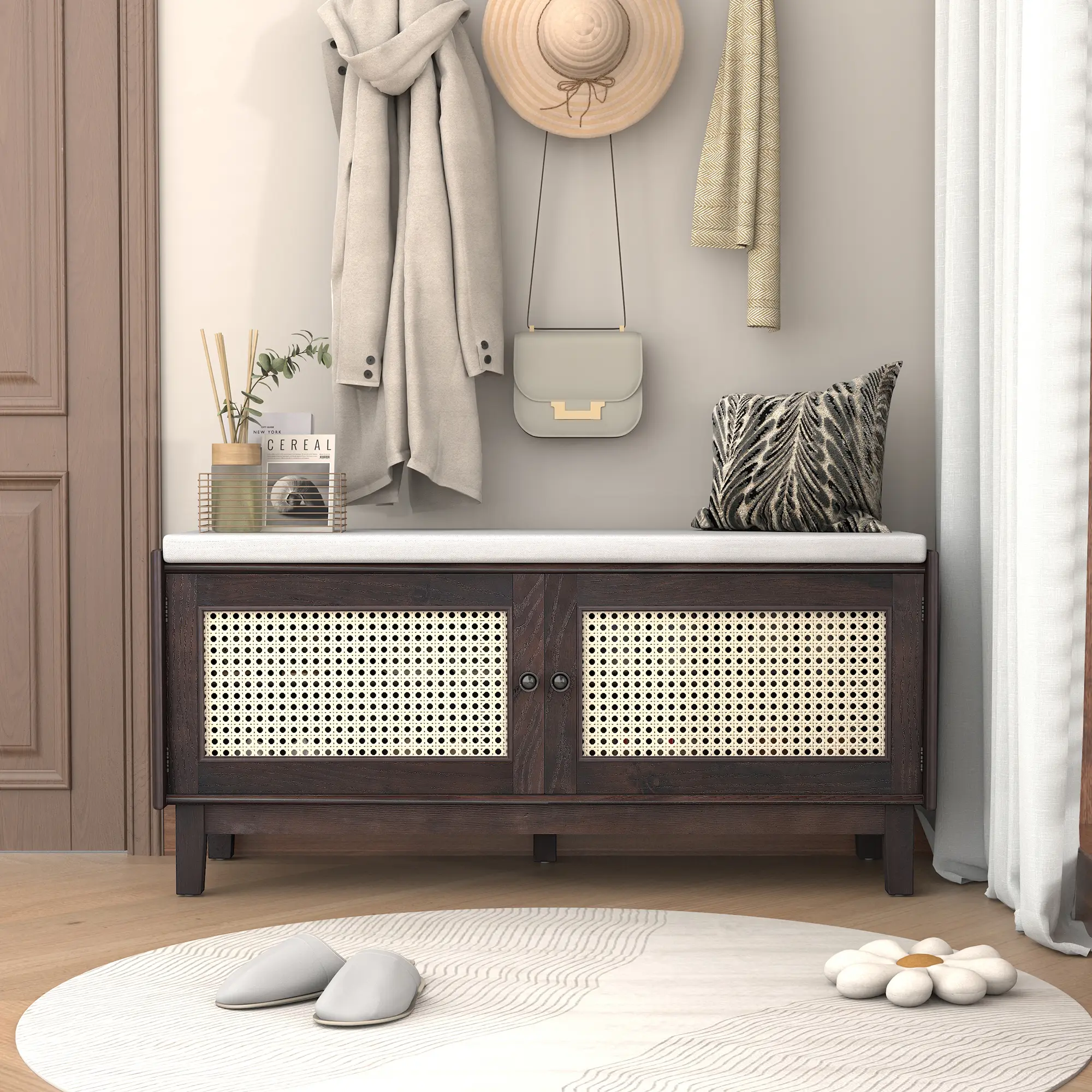 Nokaa Boho Rattan Entryway Bench with Storage, Cushioned Shoe Bench with Double Doors, Wooden Shoe Organizer for Hallway, Living Room, Espresso Beige, Home Furniture