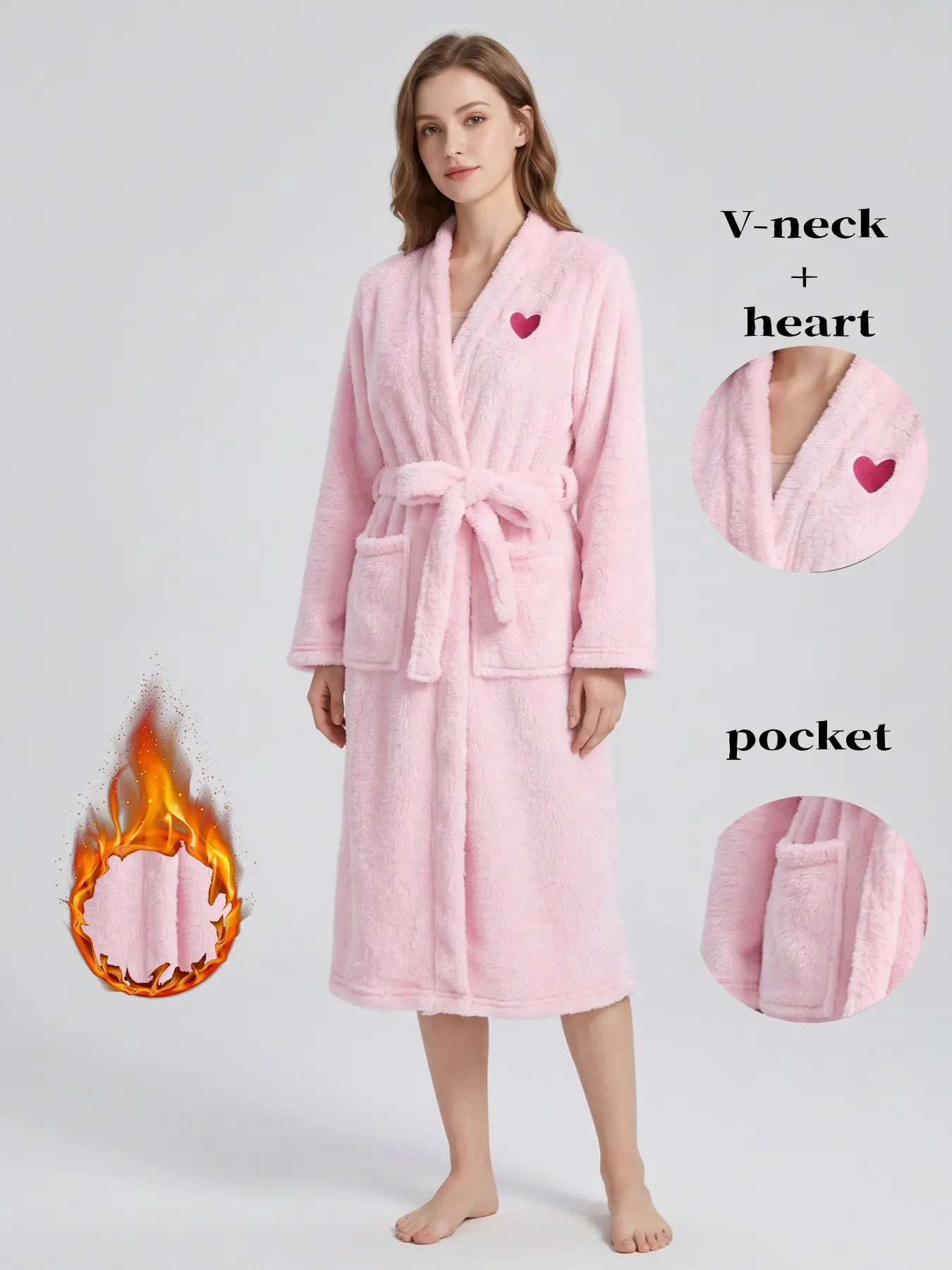 Sweet Girl Style Pinkish- Fuzzy Bathrobe, Heart Embroidery Kimono Neck Long Sleepwear, Tie Waist Dual Pockets Comfortable Home Robe