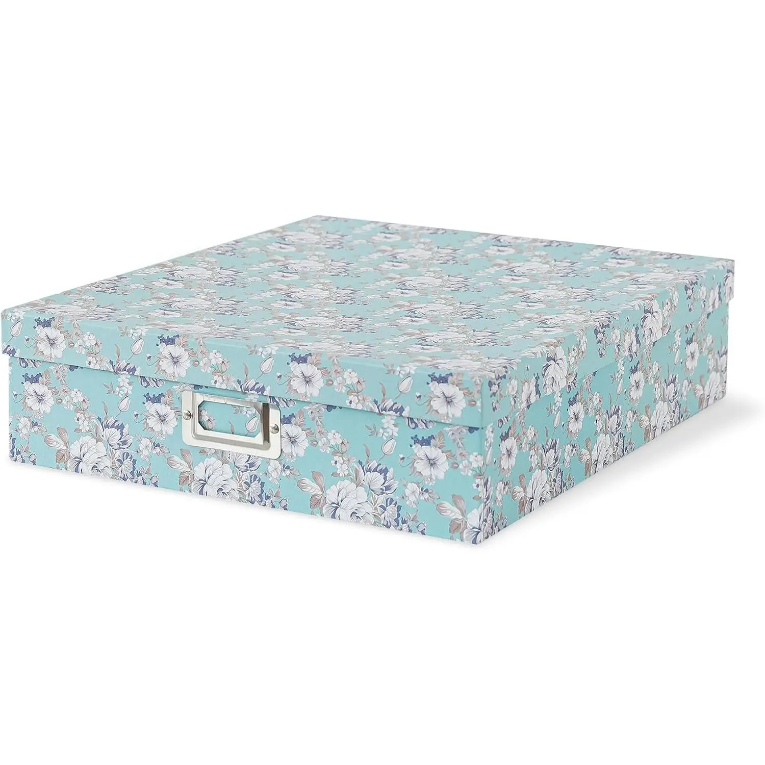 Blue Cottage Floral Cardboard Photo Storage Box (14.8x13x3.7 In) - Large Lidded Scrapbook Memory Organizer for Photos, Letters, Papers
