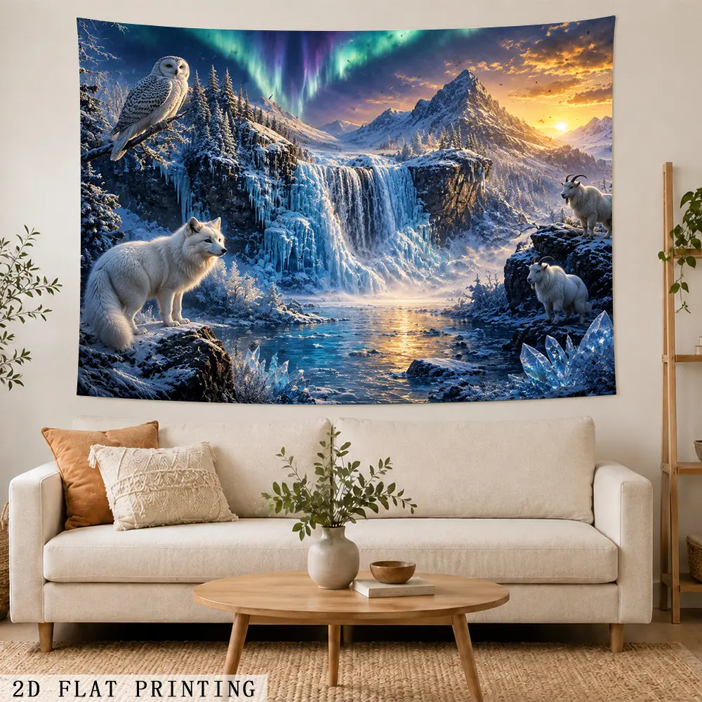 2D Flat Tapestry - Colorful Aurora, Snowy Mountain, Waterfall Landscape Artwork Print with White Wolf, Owl, Mountain Goats, Winter Fantasy Home Wall Hanging, Home & Festive Backdrop Decoration