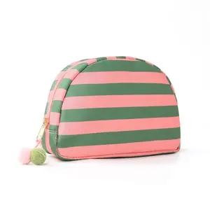 Striped Cosmetic Pouch in Pink and Blue, Unisex Makeup Organizer and Travel Must Haves Bag with Lightweight Zip Closure, Pink And Blue Stripes