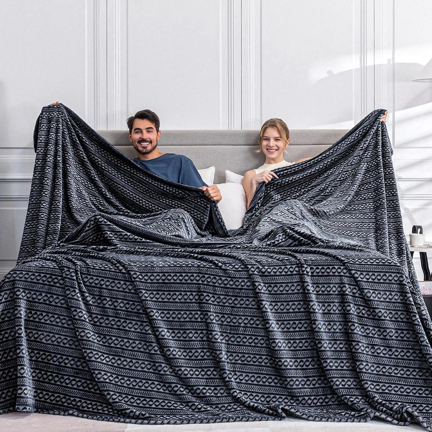 Oversized King Fleece Blanket 120x120 Inches, Seamless 3D Jacquard Decorative Extra Large California King Blanket for Bed, Sofa, Couch, Travel, Dark Grey ChainGift