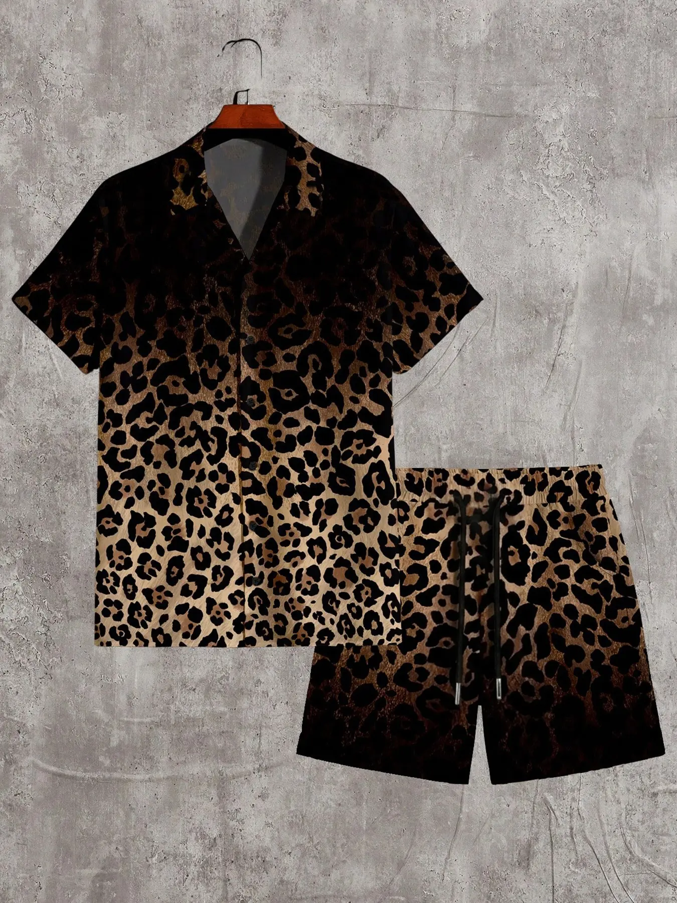 Vintage Ombre Cheetah Full Print Two Piece Outfit Men Loose Camp Collar Short Sleeve Button Shirt Drawstring Casual Shorts Soft Cool Summer Fabric Gen Z Streetwear Matching Set For Nightclub Tropical Holiday Beach Vacation Wear, Resort Wear Set