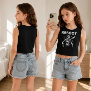 Girls Reboot Robot Graphic Tank Top with cool mechanical design and bold Reboot text perfect for tech loving tweens and teens ideal for daily wear summer outings gaming events and casual photoshoots featuring a sleeveless cropped style that pairs gre