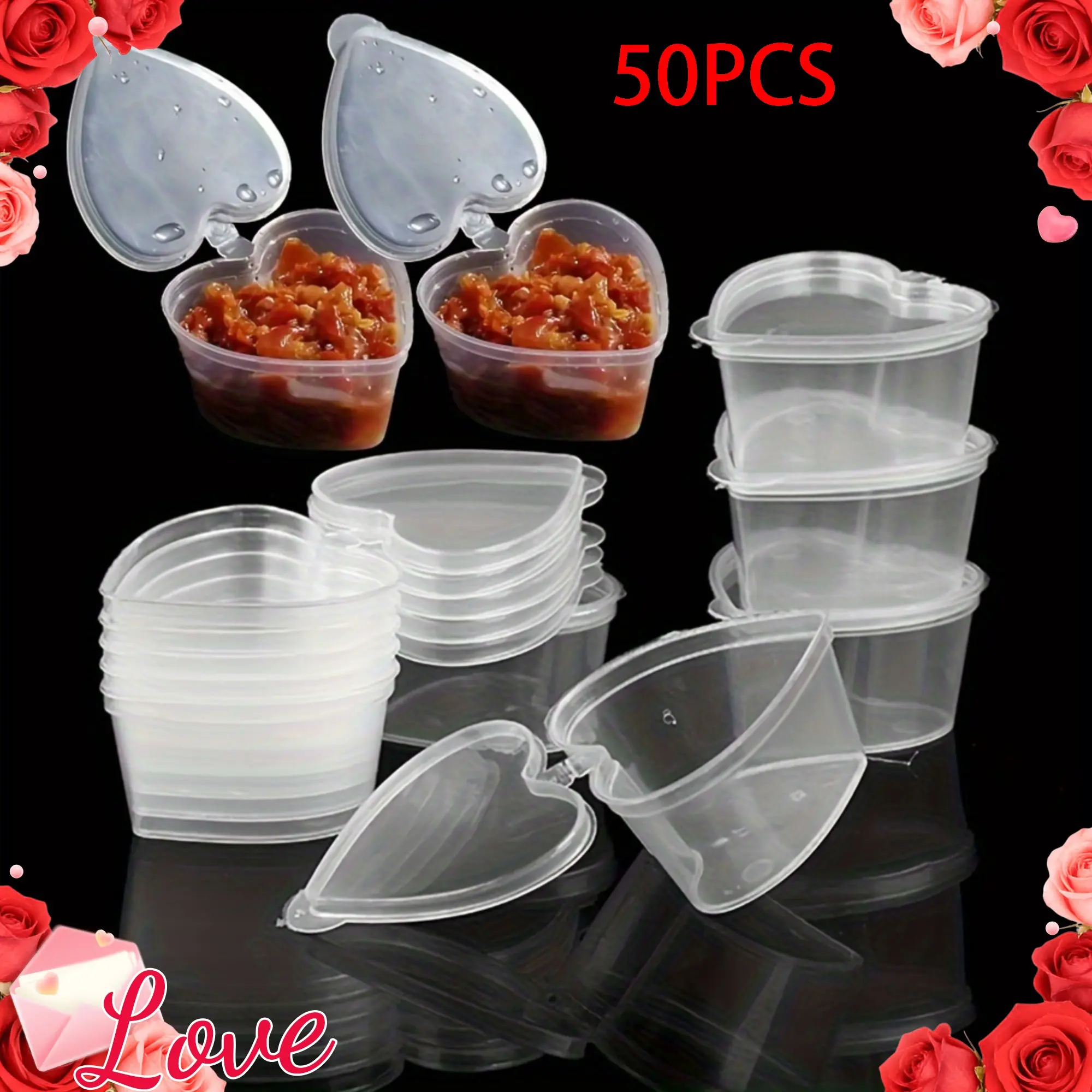 50pcs Mini Heart Shaped Dipping Sauce Containers, Clear Leak-Proof Airtight Jars, Food Grade Small Containers for Seasoning, Condiments, Salad Dressing