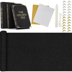 Leather Book Binding Cover Kit Includes 16"x29" PU Leather Book Cloth 24 Book Corner Protector 2 Iron on Vinyl Sheet Bone Folder Tools Double Sided Adhesive for DIY Bookbinding Gift (Black)