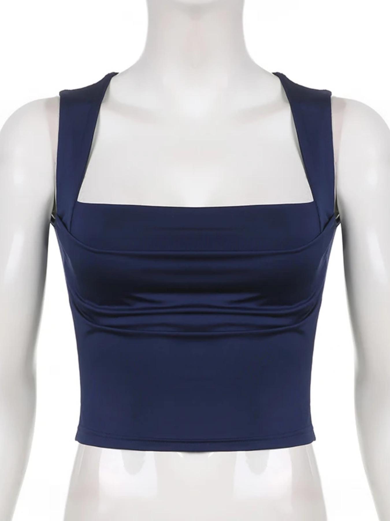 Women's Plain Ruched Square Neck Crop Tank Top, Casual Sleeveless Cropped Top for Fall, Minimalist Basic Short Tops, Ladies Clothes for Daily Wear, Summer Top