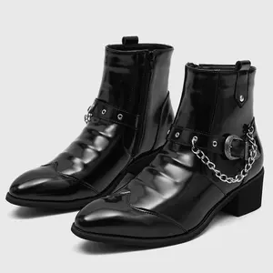 Men's European and American style pointed-toe black short boots, British style ankle boots, height-increasing stage performance rock shoes 18098-J