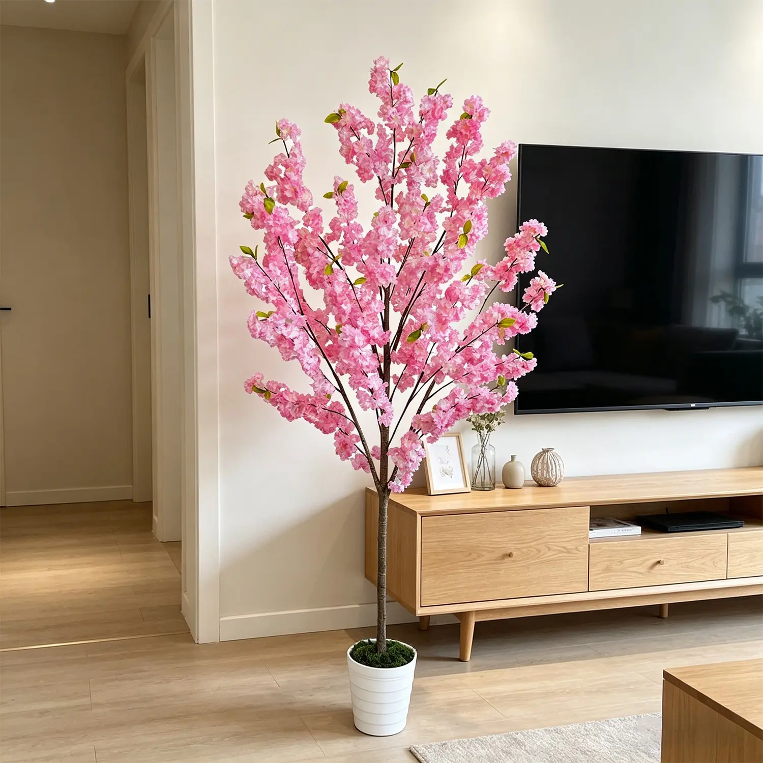 1Pcs Artificial Cherry Blossom Tree 5.25-6.89ft, No-Maintenance Indoor/outdoor Plant, Decorative Fake Tree, Artificial Flower Plant, Fake Blossom Plants, Home Decor for Living Room, Bedroom, Patio, Wedding, Artificial Cherry Trees