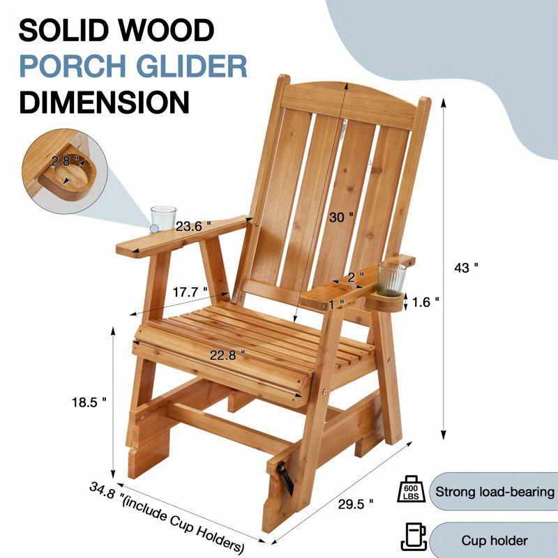 Outdoor Ergonomic Glider Chair with Cup Holders - Heavy Duty Wooden Rocking Chair (600LBS Capacity) with Deep Seat & High Backrest for Porch