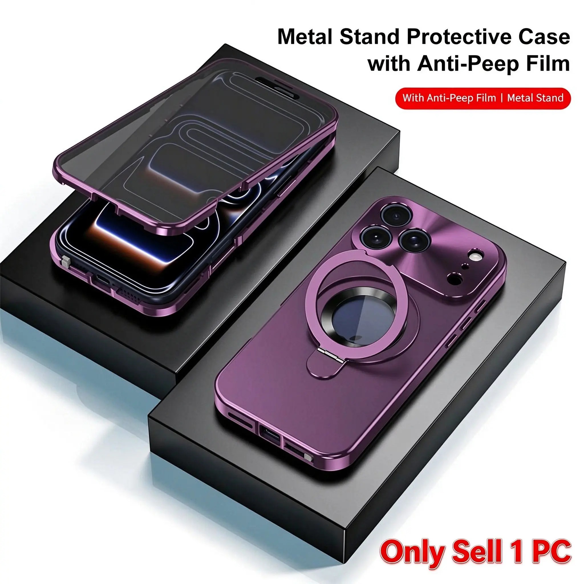 Anti-Spy Film iPhone Cellphone Case, 360° Metal Magnetic Stand, Full Protection Cover, Compatible with iPhone 18 17 16 15 14 Plus Pro Max