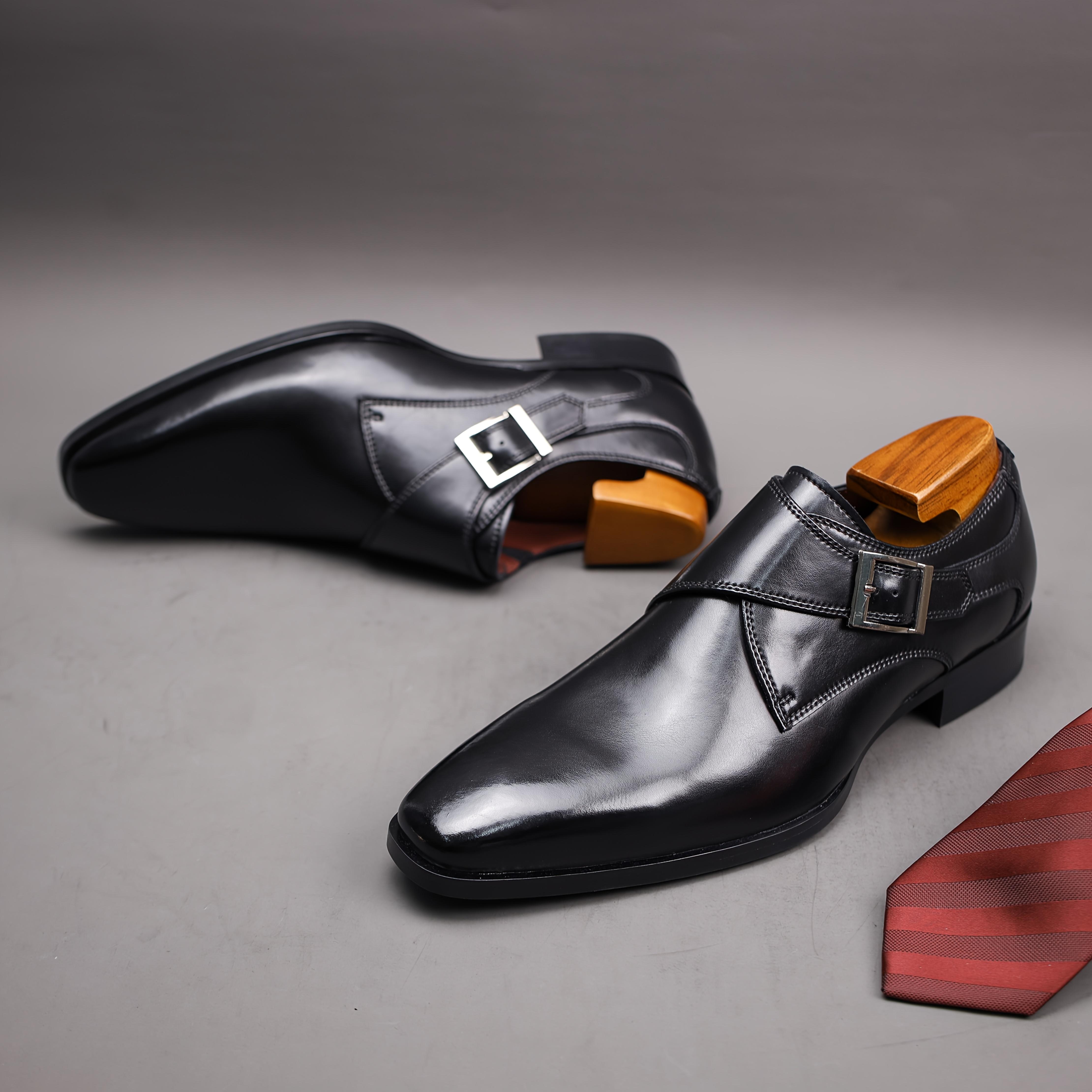 2025 Men's Genuine Leather Buckle Slip-On Formal Shoes - Brown Round Toe Casual Business Wedding Shoes, Suitable for Office and Daily Wear - Four Seasons Comfortable Rubber Sole