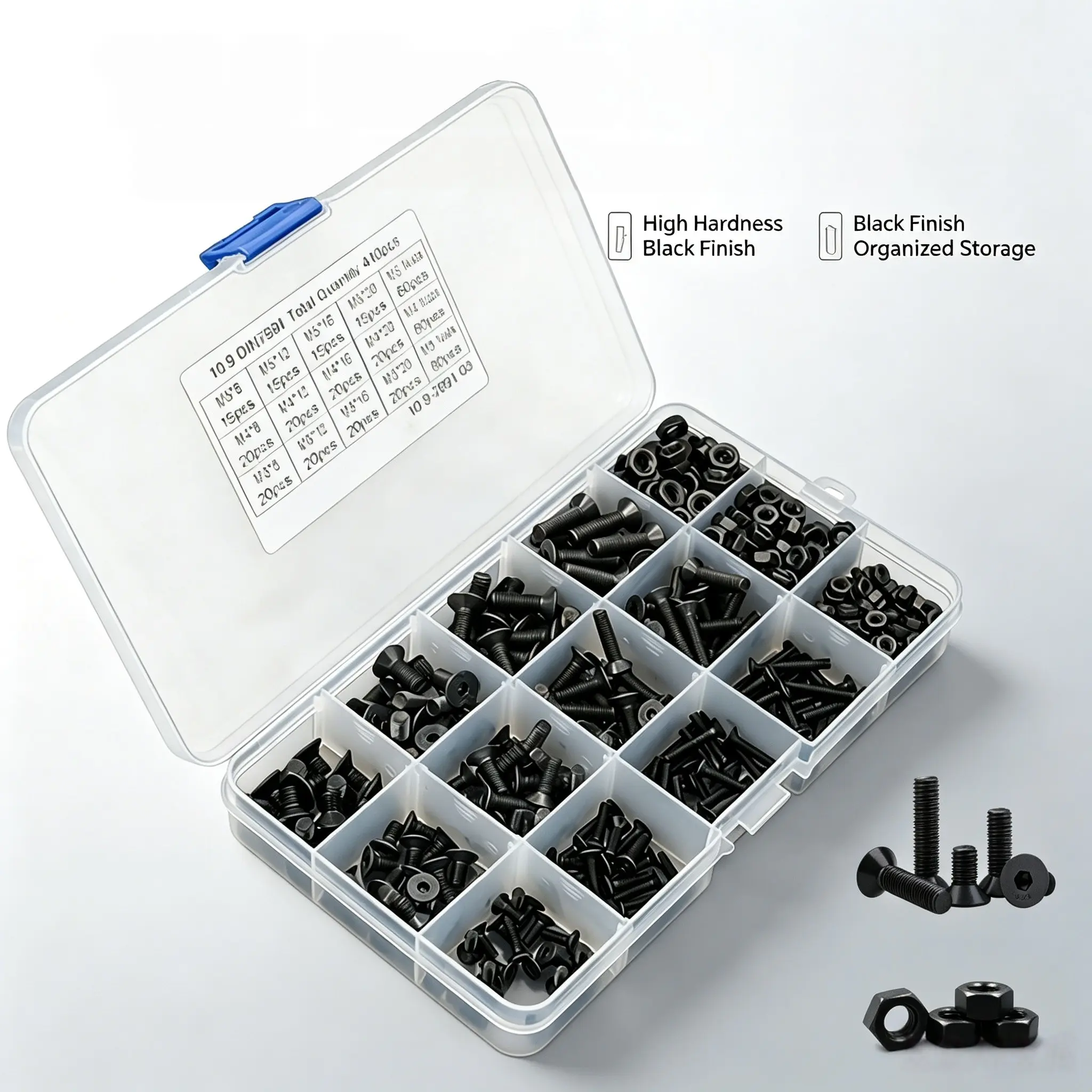 10.9 Grade Countersunk Hex Socket Head Screws with Nuts Set, DIN7991 Black High Tensile Bolts Assortment Kit 440PCS M3 M4 M5 for Machinery, Furniture, Model, DIY Repair Assembly