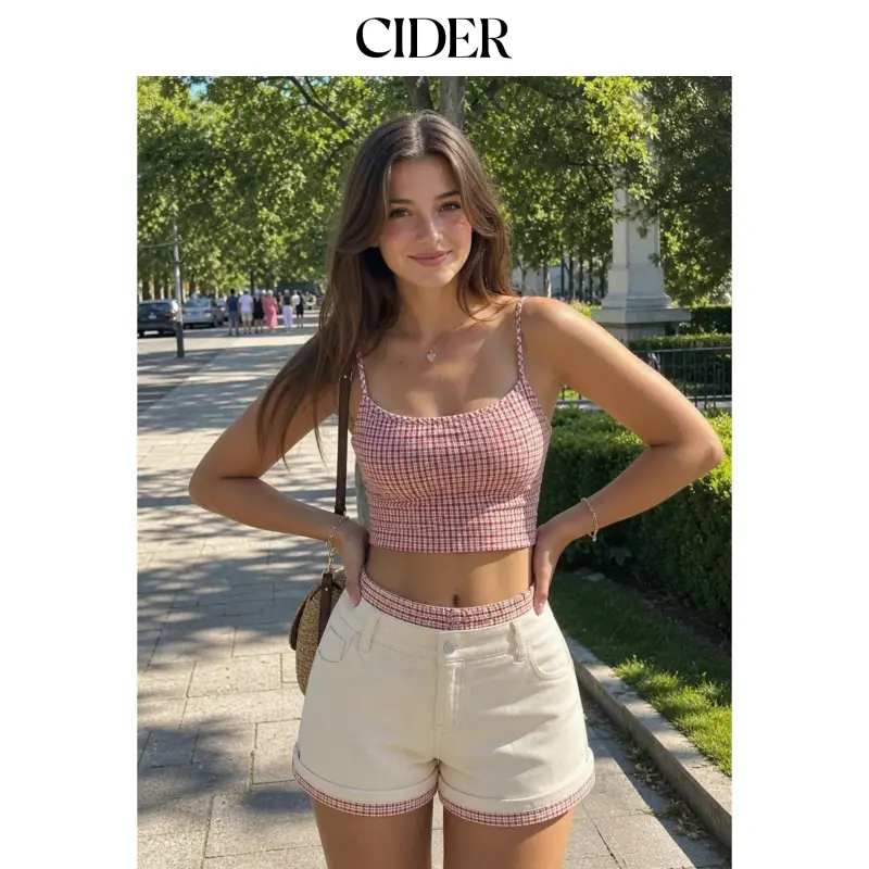 Cider Washed Denim Mid Rise Gingham Contrast Binding Shorts