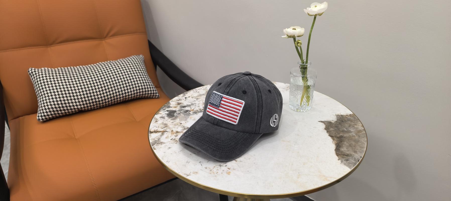 Baseball cap with American flag, pure cotton, letter embroidery, washed and distressed, curved brim, trendy new product