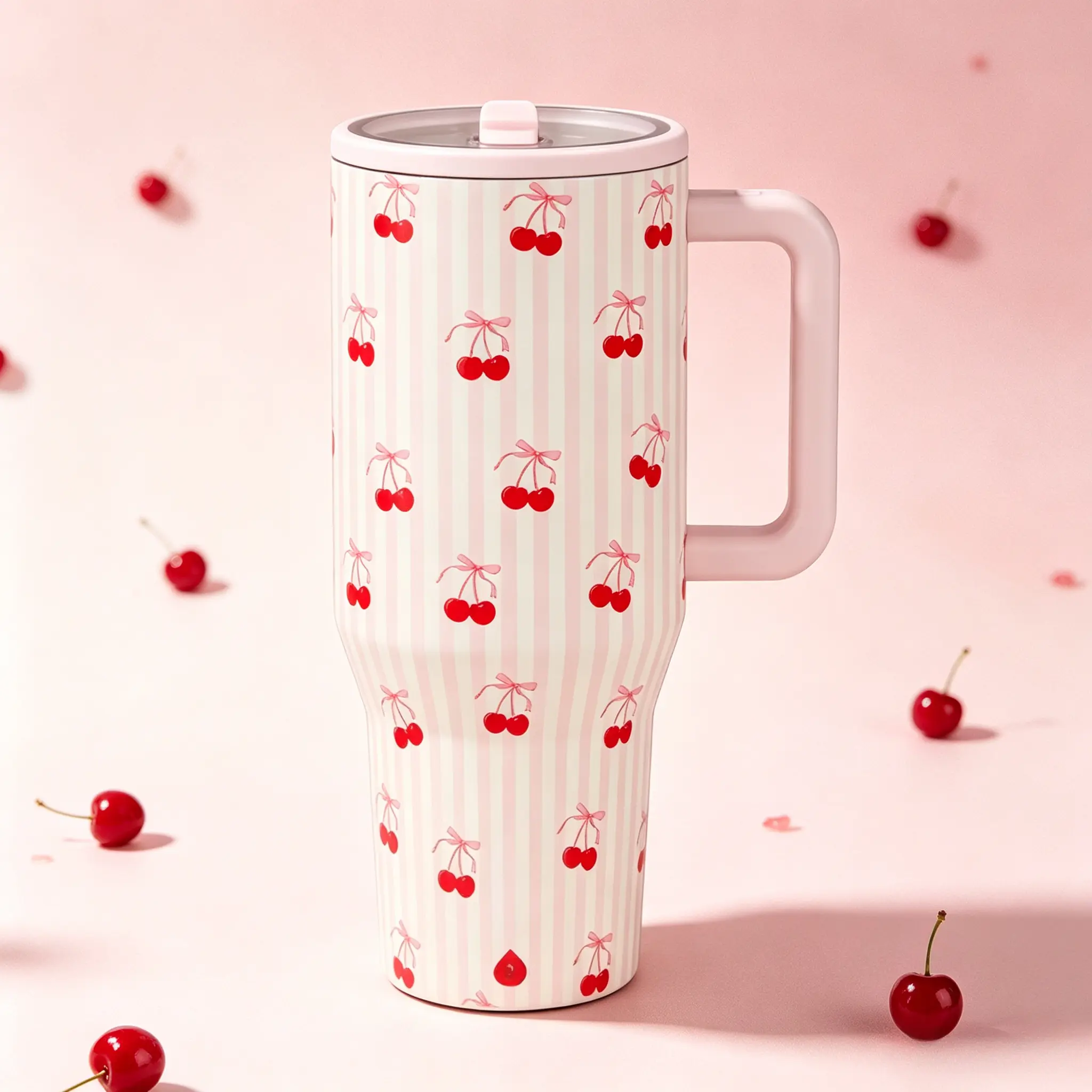 32oz Insulated Cherry Print Water Bottle Tumbler, Summer Must-Have for Students’ School/Weekend Use, Ideal for Family Outdoor Picnic (Party Gift for Home & Festive Supplies)