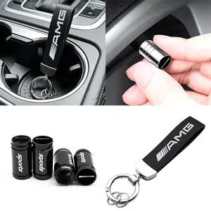 5PCS AMG Tire Valve Stem Caps + Leather Keychain Set Anti Dust Air Valve Covers for Mercedes Benz AMG Series