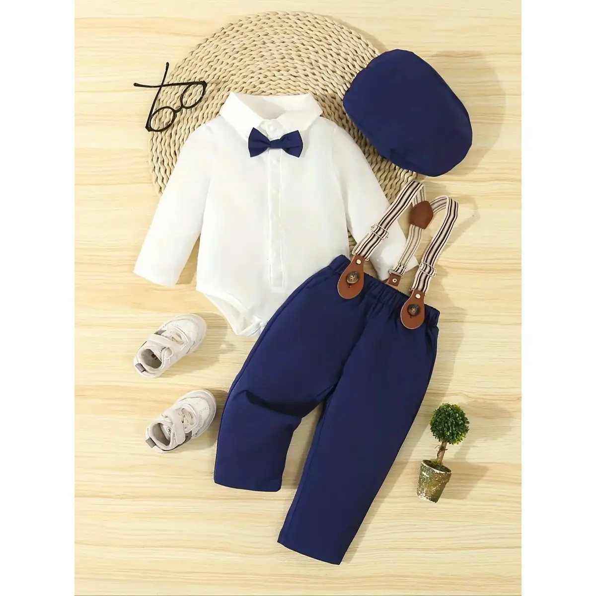 Three-piece Set Baby Boy's Bow Decor Button Collar Bodysuit & Pocket Suspender Pants & Hat Set, Comfy Baby Boy Gentleman Suit Party, Infant Toddler Kids Spring & Fall Clothes, Kids Clothing, Clothing