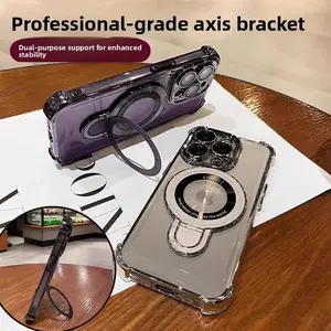 Compatible with iPhone 17 Pro, 16, Transparent Shockproof Protective Phone Case, Electroplated Four Corners, Full Camera Lens Coverage, Built-in Magnetic Wireless Charging Kickstand HNZ0363