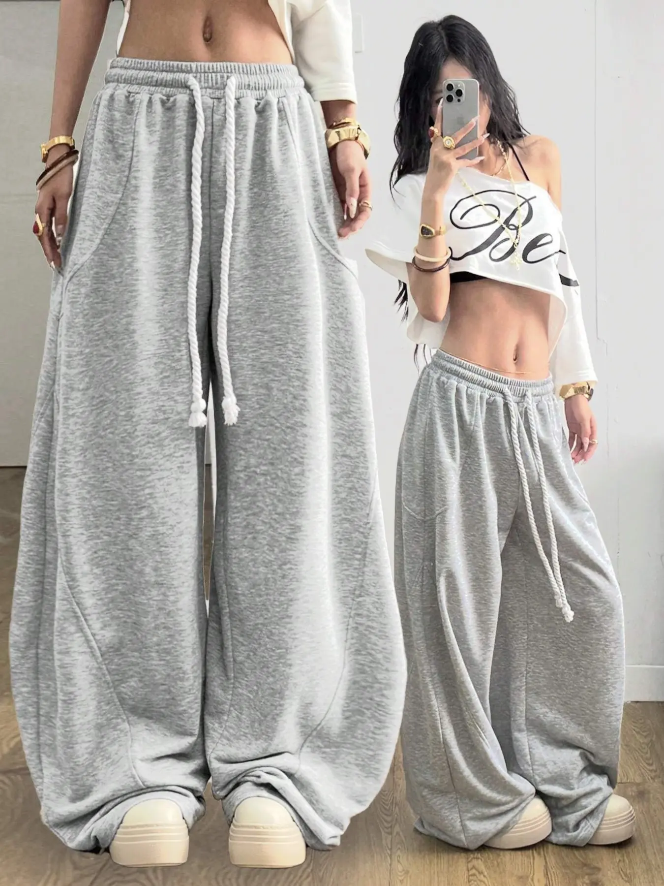 Stylish women's loose-fitting Oversize elastic waistband comfortable gray curved trousers